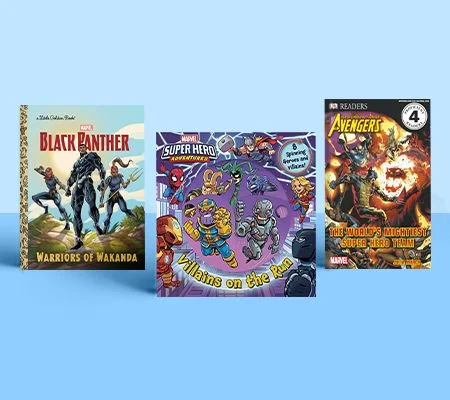 Covers of three Marvel books for kids: Black Panther: Warriors of Wakanda, Villains on the Run, and Avengers: Super Hero Team on a sky blue background.