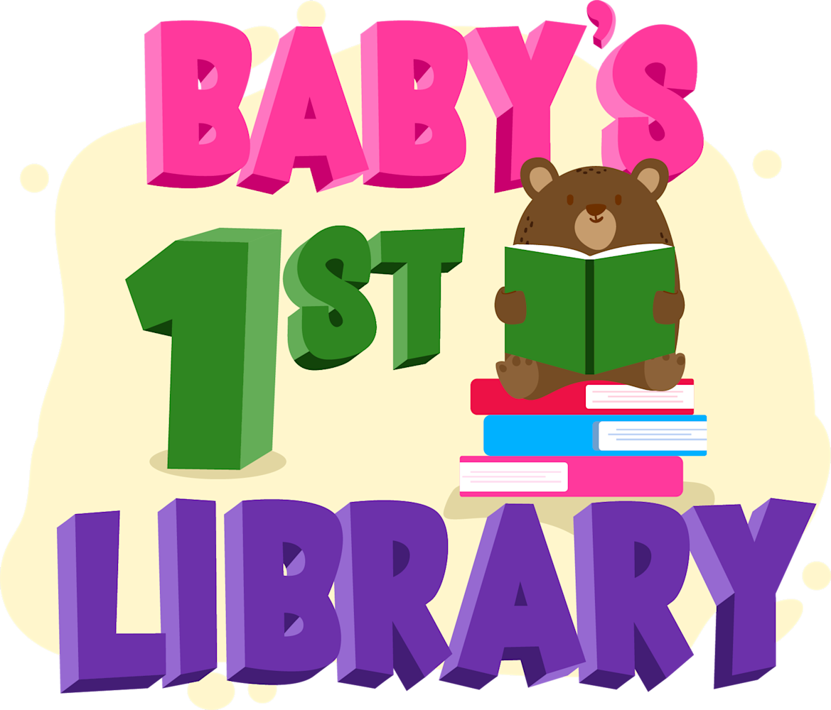 Baby's 1st Library graphic with colorful 3D text in pink, green, and purple. Cute brown teddy bear reading a green book while sitting on a stack of colorful children's books.