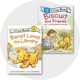 Covers of Biscuit the Dog books for kids featuring Biscuit Loves the Library and Biscuit and Friends Visit the Community Garden.
