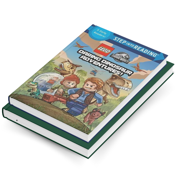 Cover of LEGO Jurassic World: Daring Dinosaur Adventures! featuring LEGO characters, dinosaurs, and action-packed scenery under the Step into Reading banner.