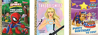 Three Little Golden Books: Spider-Man The Lost Web (superhero cover with Spider-Man), Taylor Swift biography (pink cover with Taylor Swift illustration), and PAW Patrol Puppy Ready to Race (purple cover with Chase character).