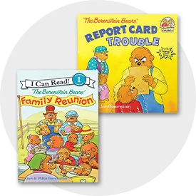 Covers of Berenstain Bears books for kids featuring Family Reunion and Report Card Trouble titles.