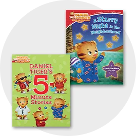 Alt Text: Covers of Daniel Tiger books for kids featuring Daniel Tiger's 5-Minute Stories and A Starry Night in the Neighborhood.