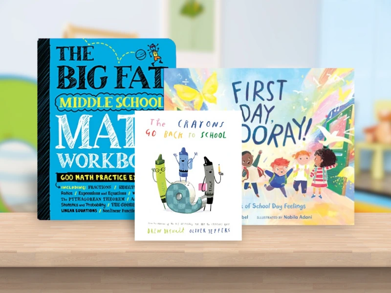 Back to school books collection featuring The Big Fat Middle School Math Workbook, The Crayons Go Back to School, and First Day Hooray! picture book. Educational materials covering math practice and first day preparation for students.