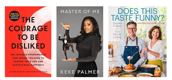 New York Times Best Sellers nonfiction collection featuring The Courage to Be Disliked self-help book, Master of Me memoir by Keke Palmer, and Does This Taste Funny? cookbook. Diverse titles spanning psychology, celebrity memoir, and culinary humor.