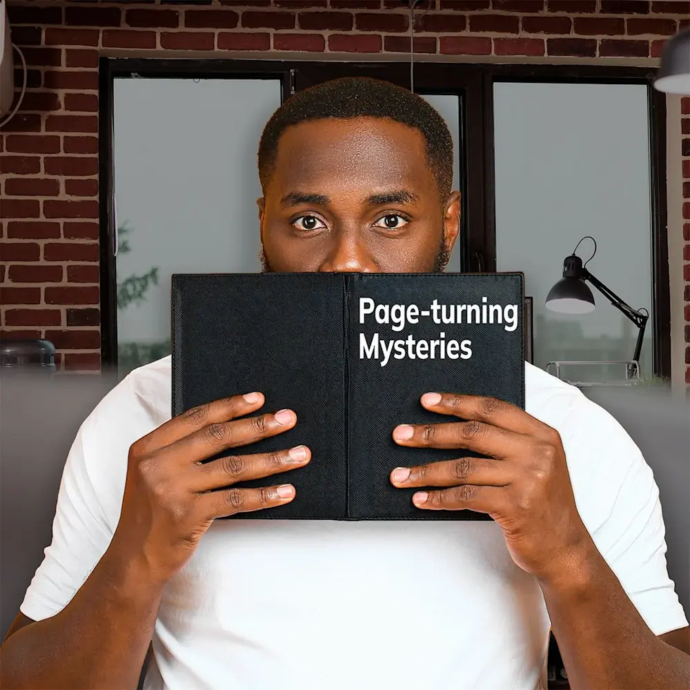 Man holding book in front of face that says: Page-turning mysteries