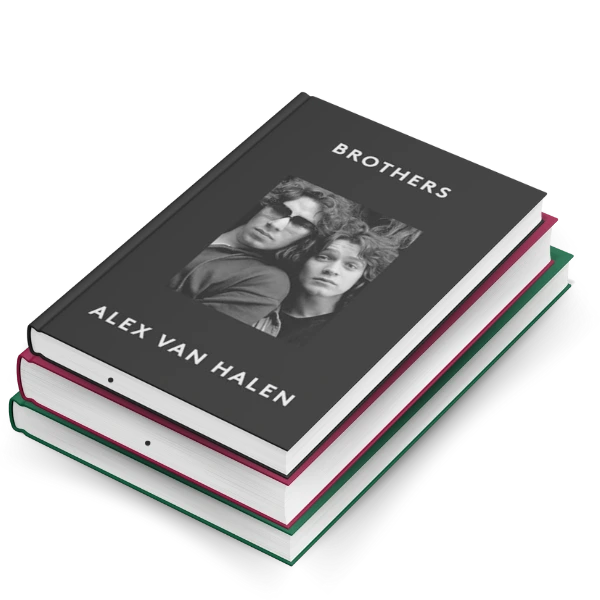 Brothers by Alex van Halen with dark photographic cover stacked on multi-colored spined books. Attractive display featuring historical or biographical title.