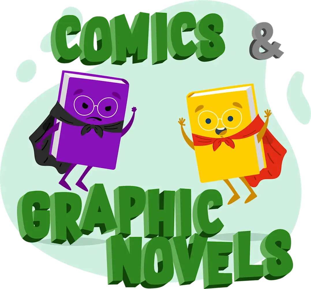 Illustrated purple and yellow cartoon books wearing capes and glasses under bold green “Comics & Graphic Novels” text on light green background.