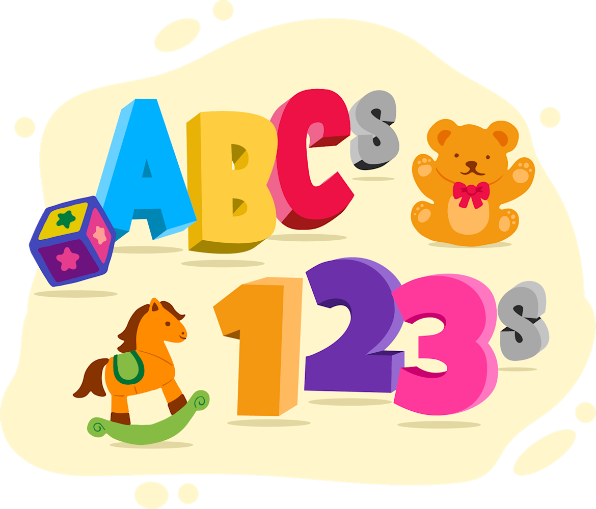 Colorful children's learning illustration featuring 3D letters A-B-C and numbers 1-2-3 with playful toys including alphabet blocks, teddy bear with bow tie, and rocking horse on soft yellow background.
