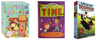 Three kids' boxed sets: Amelia Bedelia (colorful box with maid character illustration), Time by Brian P. Cleary (purple educational box with cartoon children), and Life in the Doghouse (red box with dog characters)."
