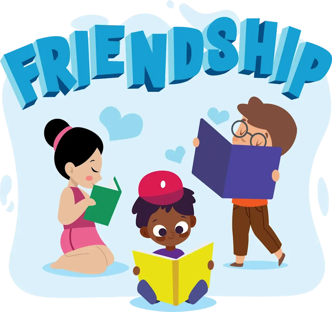 Illustration of diverse children reading books together under the word “Friendship” with hearts floating around.