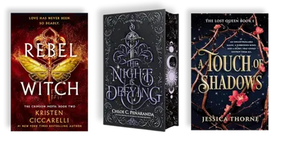 3 Romantasy Fiction Books. Rebel Witch by Kristen Ciccarelli. The Night is Defying by Chole C. Peñaranda, and A Touch of Shadows by Jessica Throne
