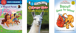 Three leveled readers books: A Magical Parade Step into Reading book (colorful parade scene), Ranger Rick I Wish I Was a Llama I Can Read book (white llama photo cover), and Biscuit Goes to School My First I Can Read book (yellow puppy illustration).