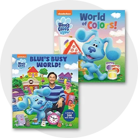 Covers of Blues Clues books for kids featuring Blue's Busy World and World of Colors.
