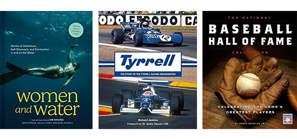 Coffee Table book collection featuring Women and Water, Formula 1 racing history, and Baseball Hall of Fame titles. Specialized interest books covering water sports, motorsports, and baseball history for enthusiasts.