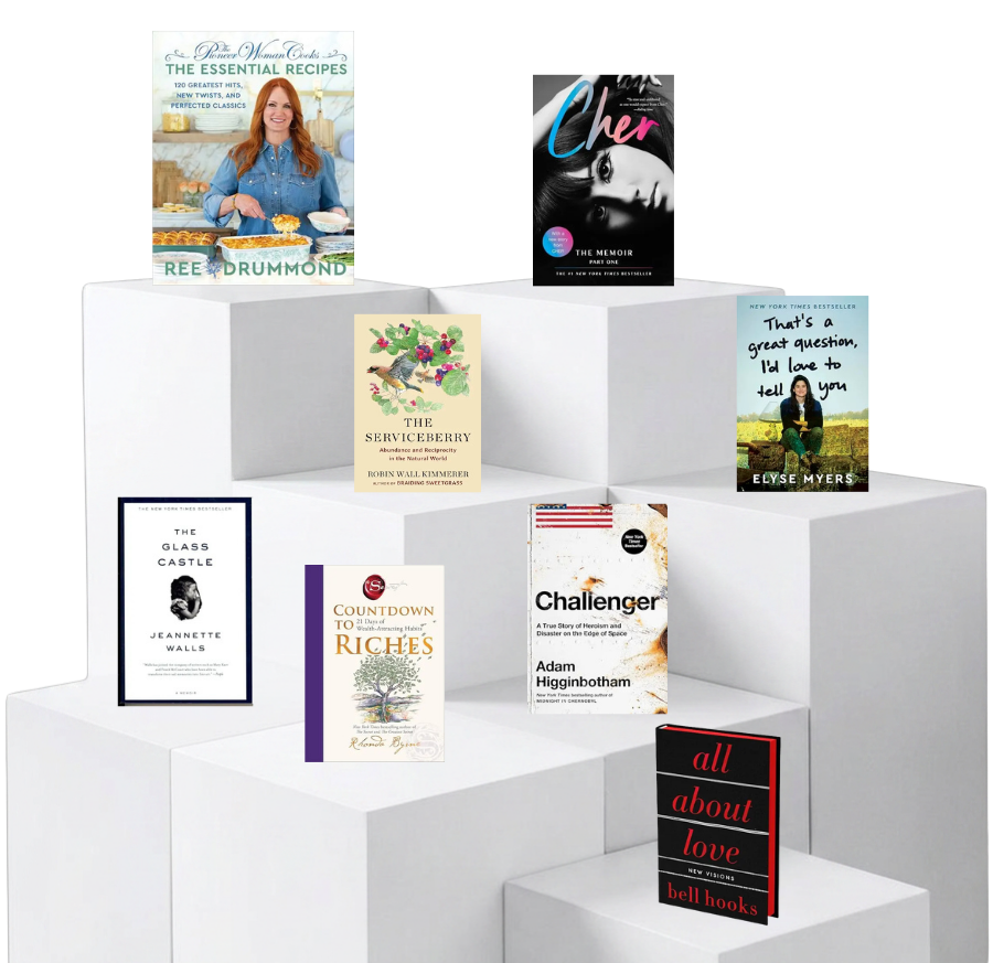 Nonfiction books on white book stands against a blue background