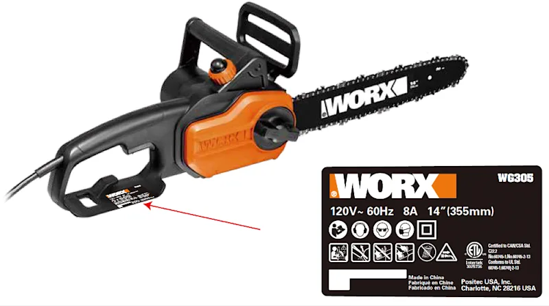 Chainsaw Recall - Worx 8 Amp 14" Electric Chainsaw with location of Item No. and Serial No.