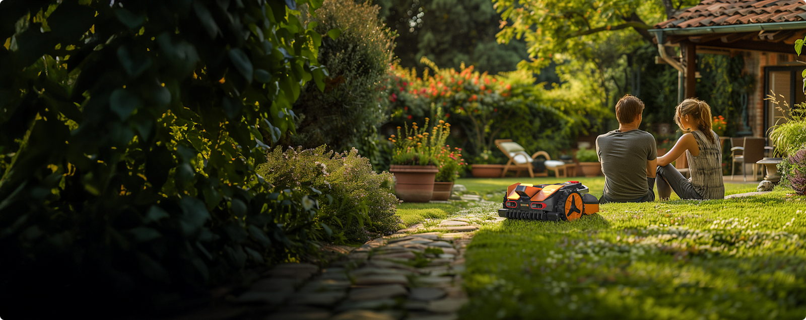 Couple on the grass while a Worx Landroid cuts the grass