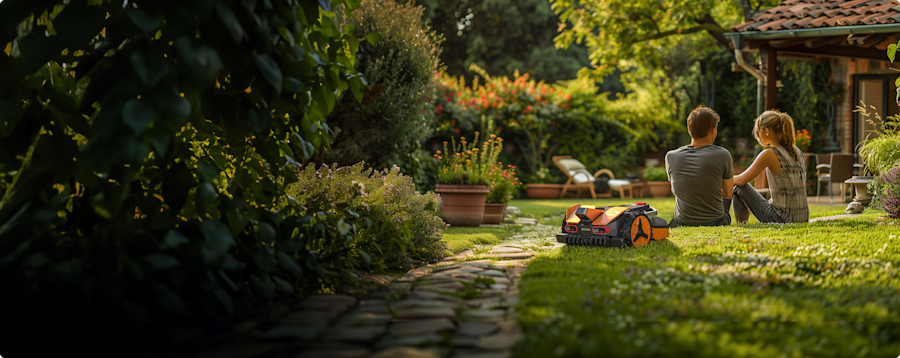Couple on the grass while a Worx Landroid cuts the grass
