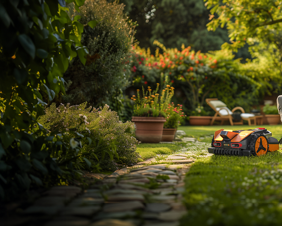 Couple on the grass while a Worx Landroid cuts the grass