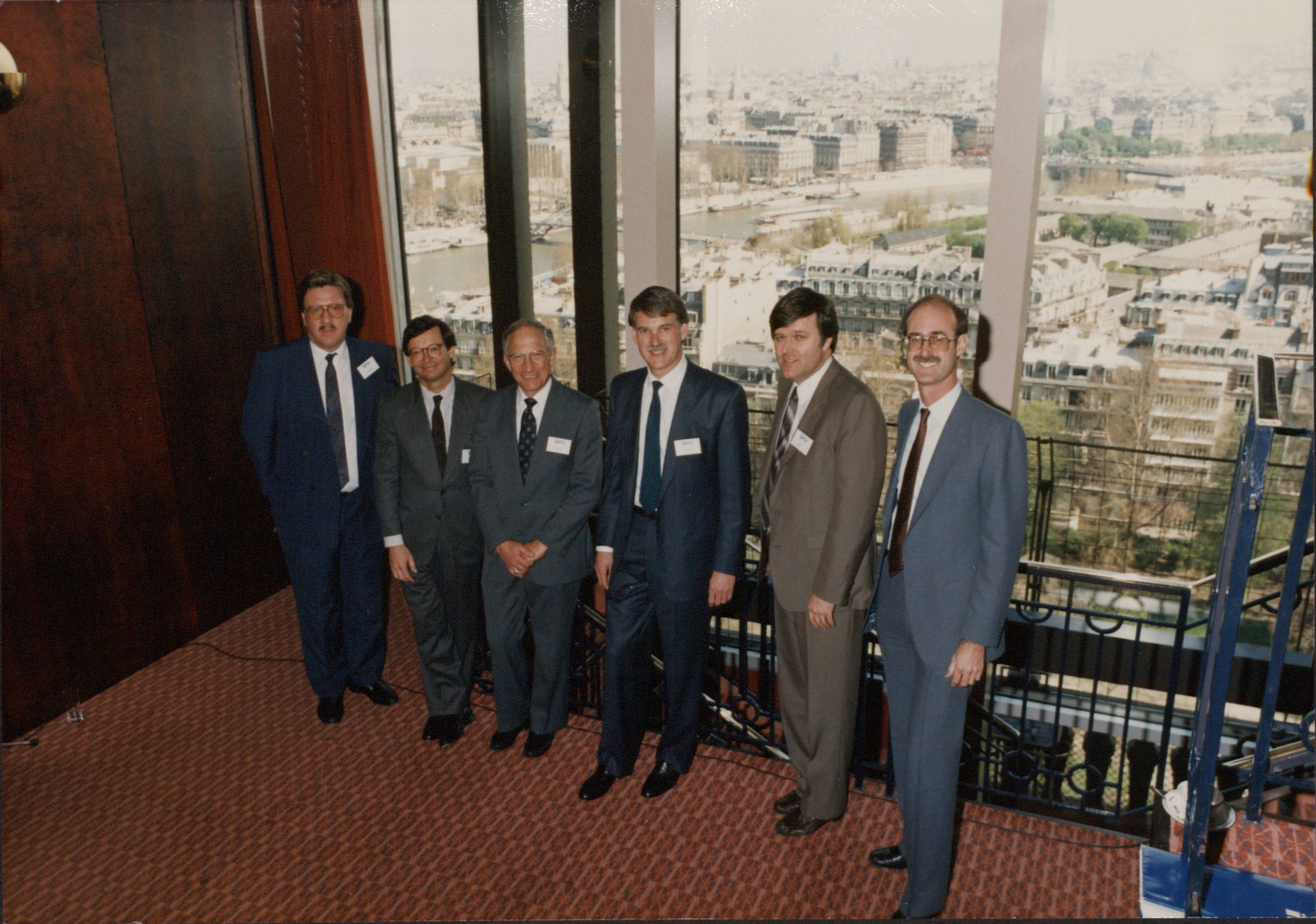 Following Big Bang Day in the U.S., Intel hosted press conferences throughout the world, including one in Paris at the Eiffel Tower on April 13, where this photograph was taken. (From left: Bill Pohlman, Bernard Giroud, Bob Noyce, Dave House, Gene Hill and Dick Pashley.)