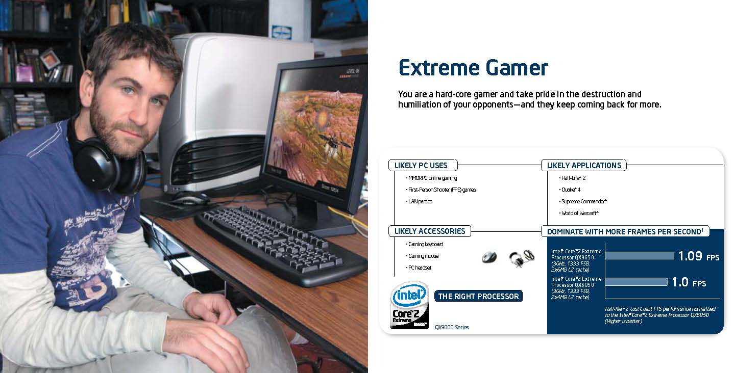 The Core 2 Extreme, the first quad-core processor for consumers, was marketed toward "extreme gamers" who needed a chip that could keep up with their graphics-intensive applications. 