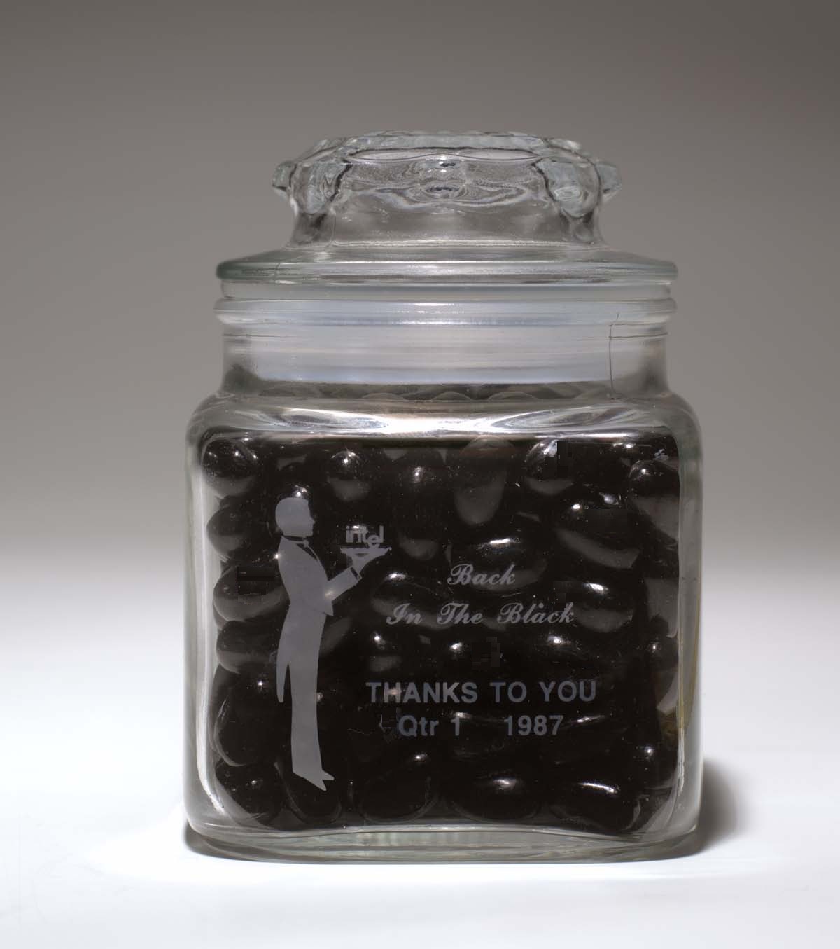 Black jelly beans in a commemorative jar were one of the party favors given to employees to celebrate Intel being "back in the black."