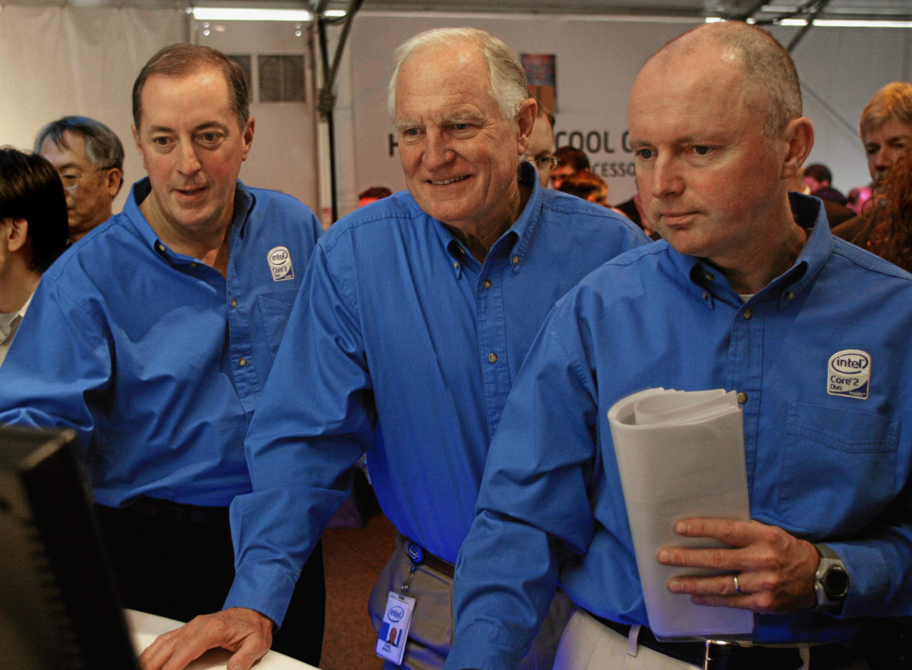 The Core 2 Duo, which Intel described as "the world's best processor," was the first Intel product to bear the Core brand name. Its launch was a big affair at Intel, with CEO Paul Otellini (left), Chairman Craig Barrett (center), Executive Vice President Sean Maloney all on hand for the first public demonstration. 
