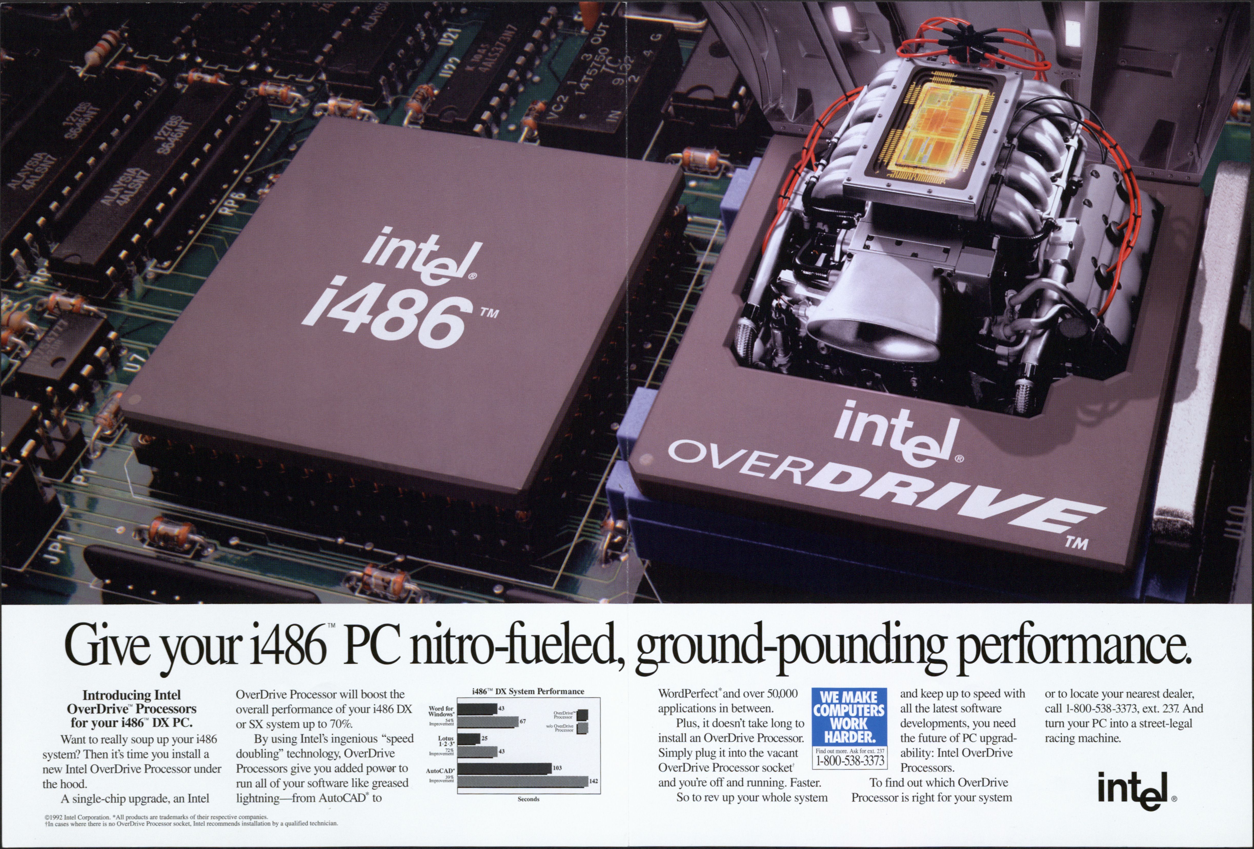 Continuing Intel's string of using accessible messaging to explain the technical capabilities of its products, this ad for the OverDrive processor portrayed it as a big block engine superpowering the i486's performance. 