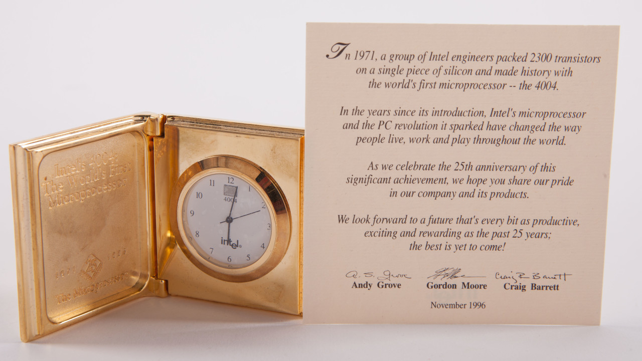 Intel celebrated the microprocessor's birthday with a commemorative gold clock. The memento spoke to the importance of a product that had become as standard in people's daily lives as time itself, while also reminding recipients that the company's best was yet to come.