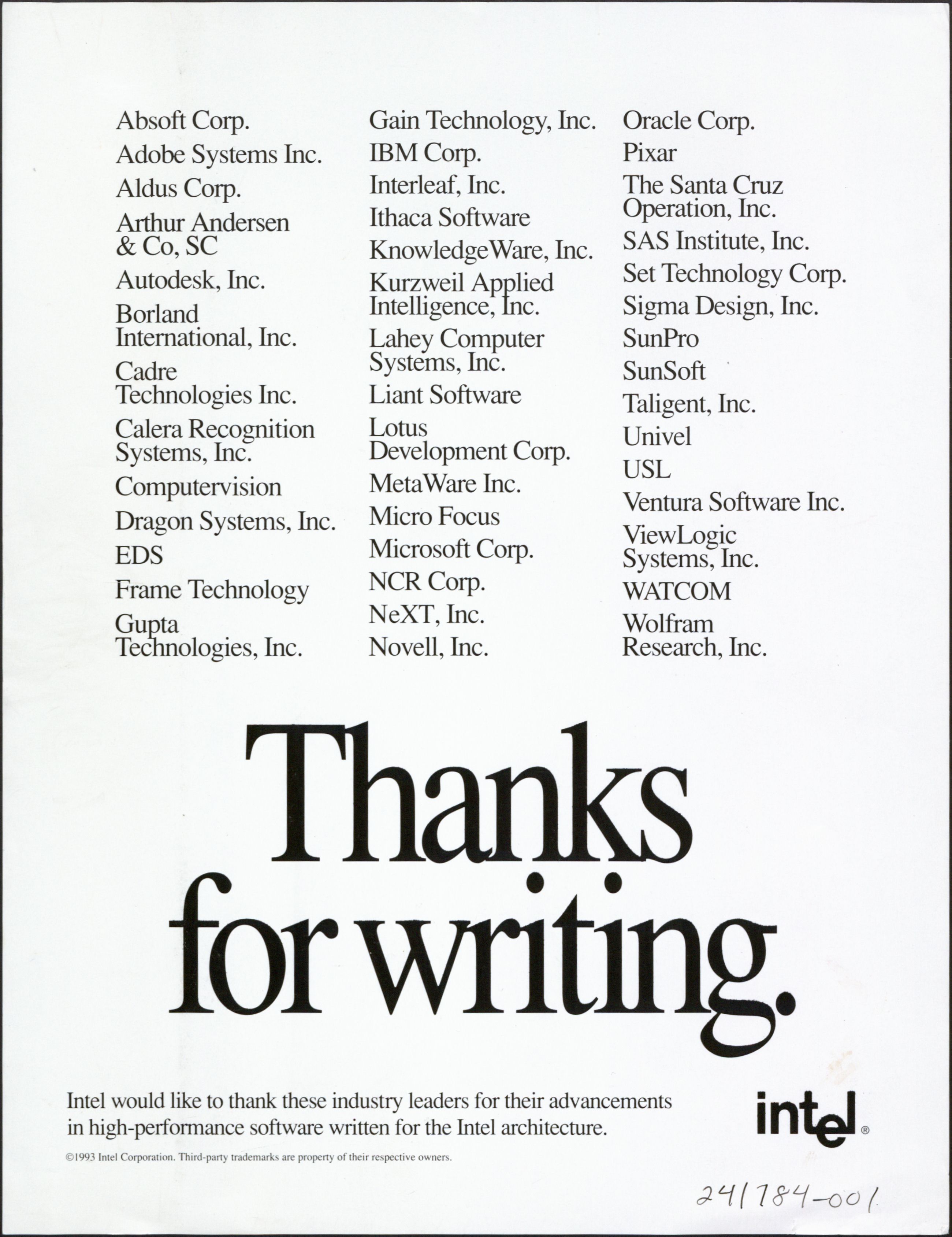 The company also advertised its software diversity in less flashy public "Thank You" letters to developers. 