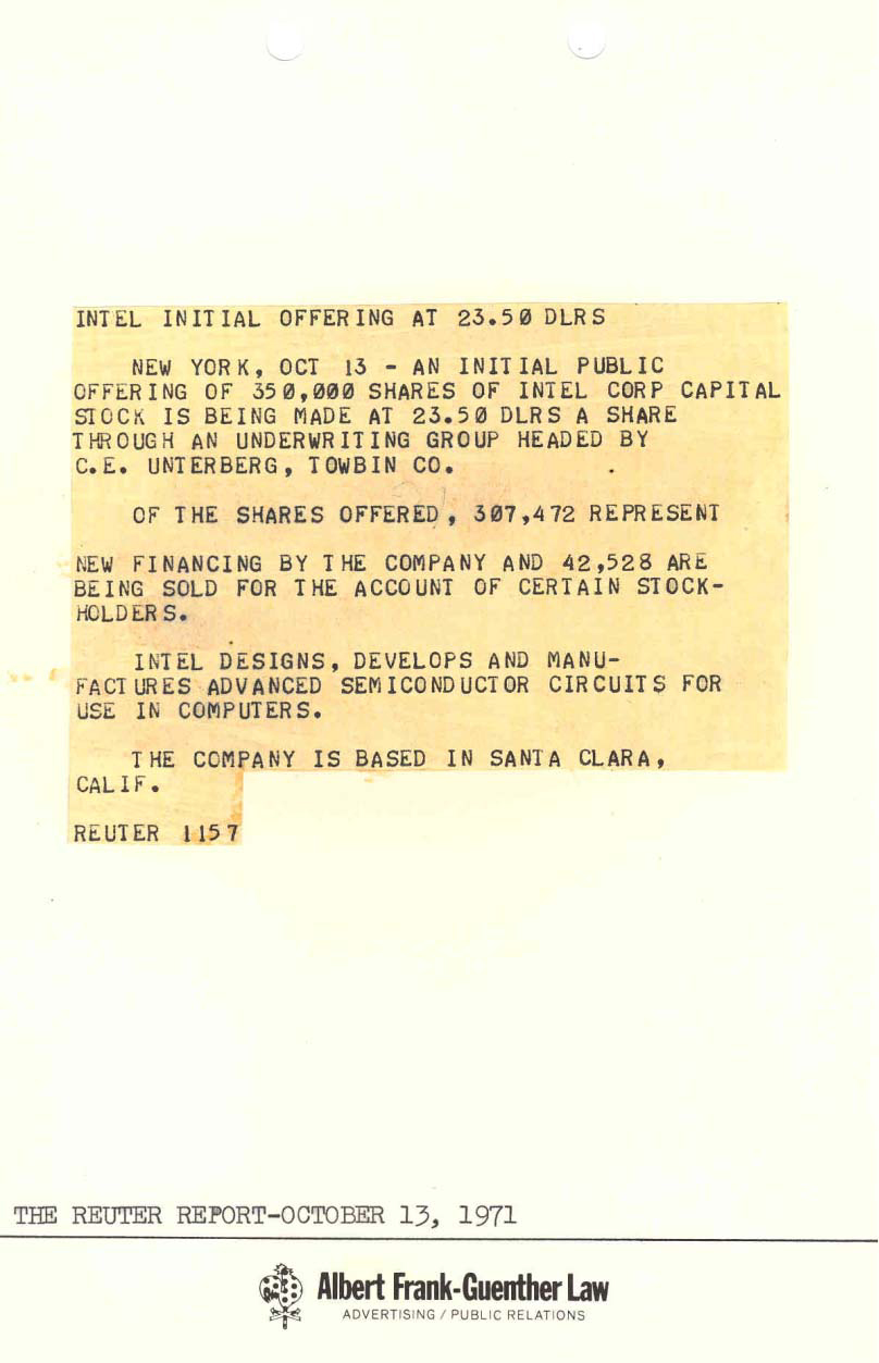 In 1971, Silicon Valley IPOs were not the hotly-anticipated affairs they are today. A simple announcement sufficed. 