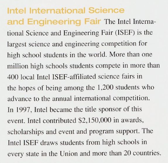 Intel continued to sponsor the fair until Regeneron Pharmaceuticals took it over in 2020. 