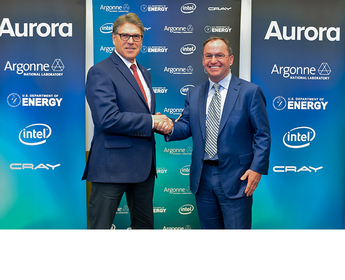 U.S. Secretary of Energy Rick Perry (left) and Intel CEO Bob Swan at an announcement regarding the Aurora supercomputer. According to Perry, "Achieving exascale is imperative, not only to better the scientific community, but also to better the lives of everyday Americans.” 
