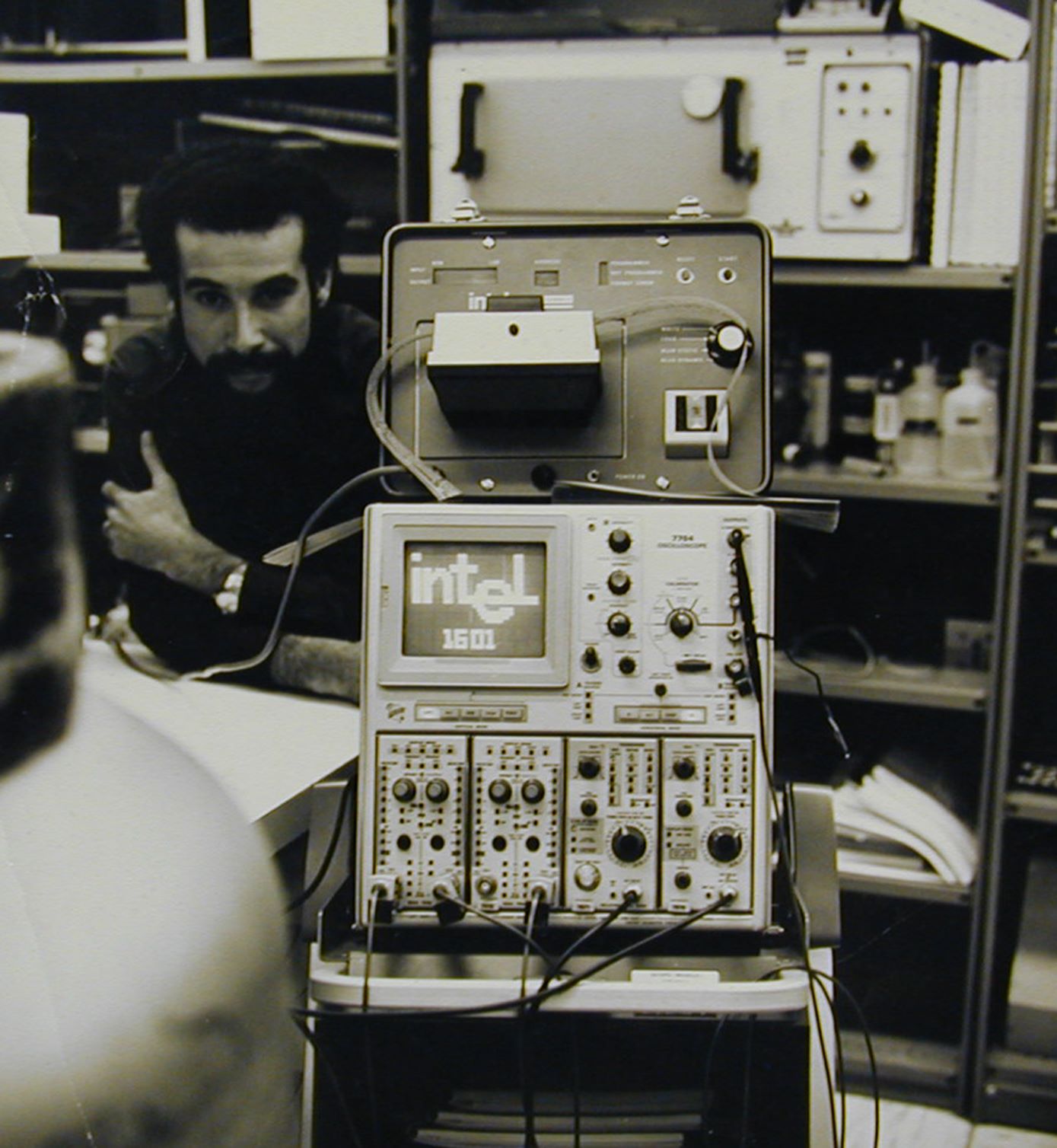 EPROM inventor Dov Frohman introduced EPROM's capabilities in a live demonstration at the International Solid State Circuits conference in 1971, using the bits of information on the chip to spell out the word "Intel." When he finished, the audience broke into applause. 
