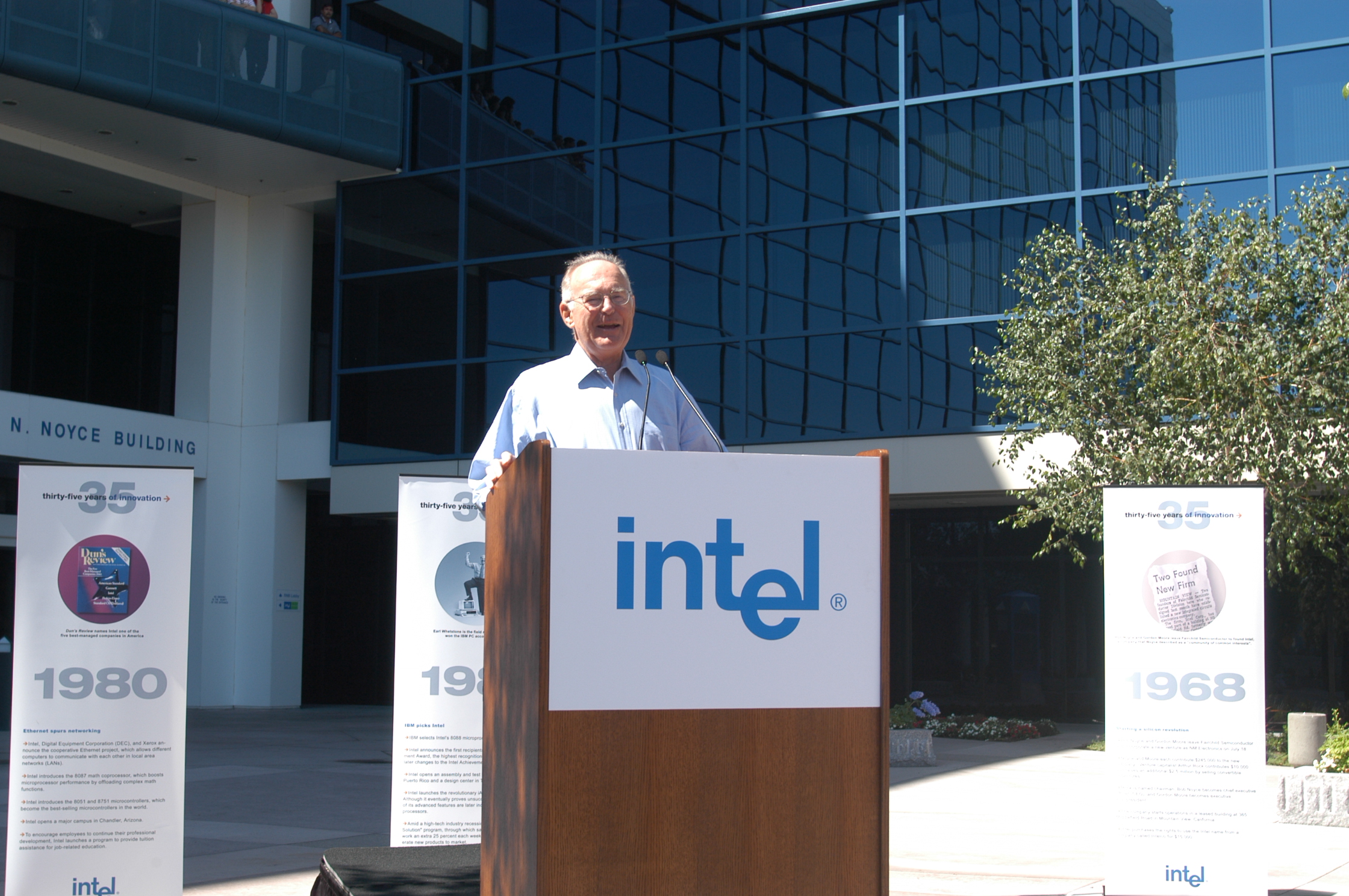 Moore remained involved with Intel and the community after his retirement. Here he speaks at the company's 35th anniversary celebration in 2003.