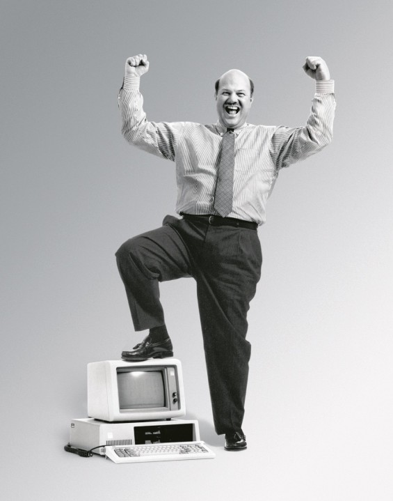 Earl Whetstone, the Intel sales engineer who won the IBM PC account, stands atop his conquest. 
