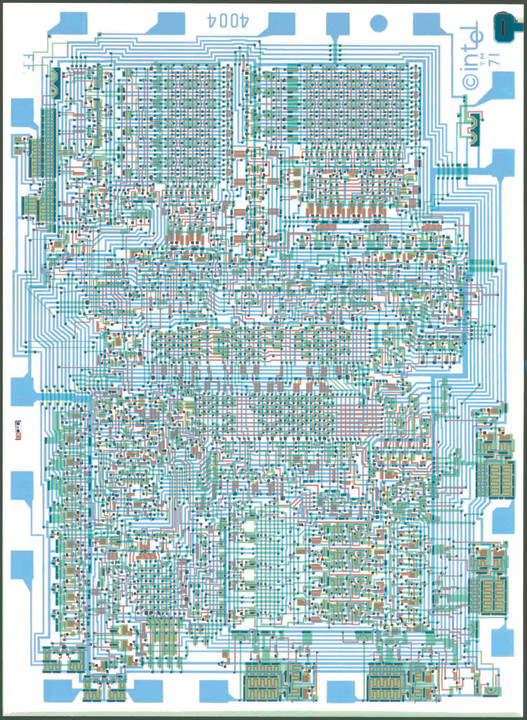 Each black square on this dieplot of the 4004 represents one transistor, the basic unit of power for a microprocessor. The 4004 processor contained 2,300 transistors in all. 
