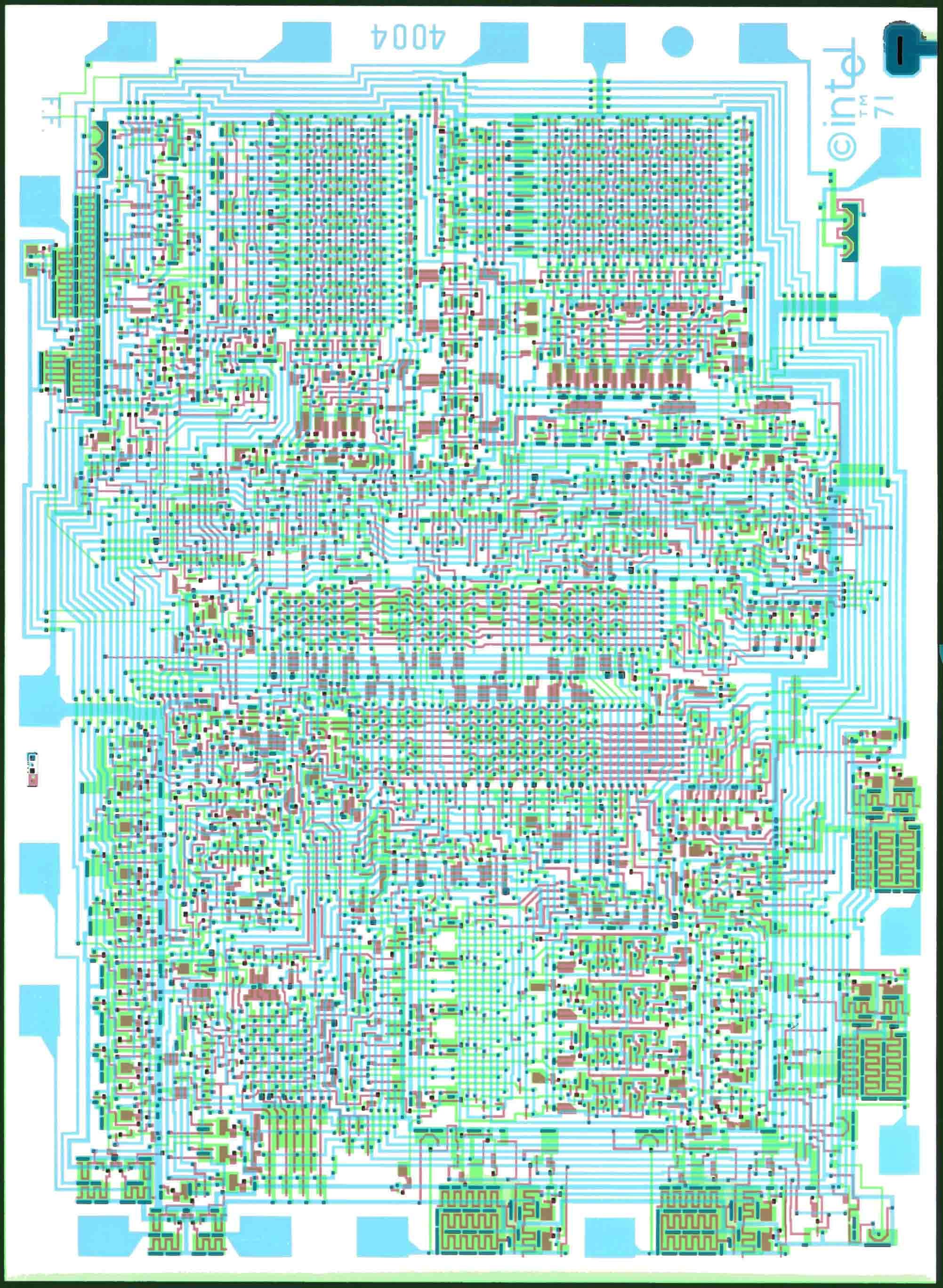 Each black square on this dieplot of the 4004 represents one transistor, the basic unit of power for a microprocessor. The 4004 processor contained 2,300 transistors in all. 
