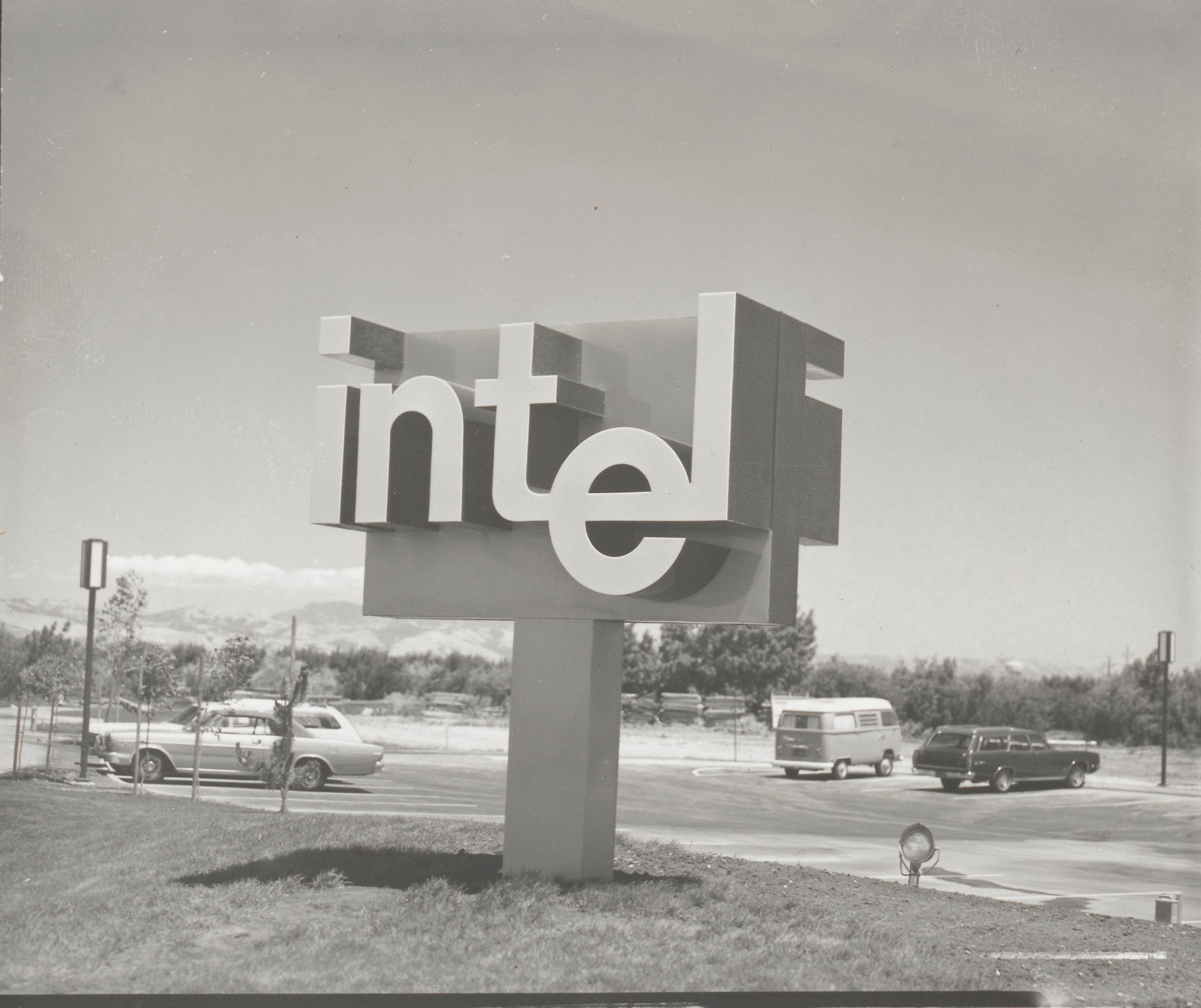 The "dropped e" logo would endure for decades, including right out front of Intel's first headquarters in Santa Clara, which broke ground in 1970. 