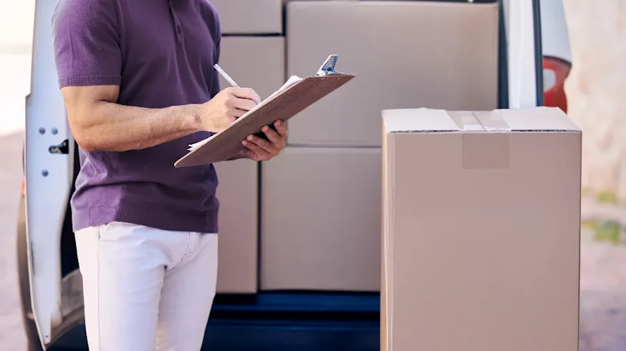 Male holding a clipboard, checking off a secured shipment.