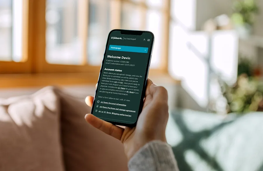 Mobile device featuring the cryobank.com account dashboard.