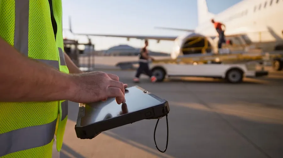 An airport employee on the tarmac confirming numbers on a tablet. 