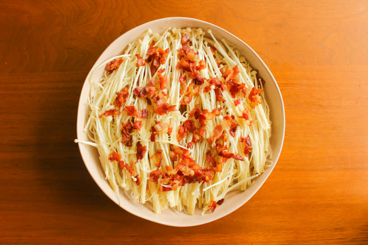 2nd layer of enoki mushrooms and bacon