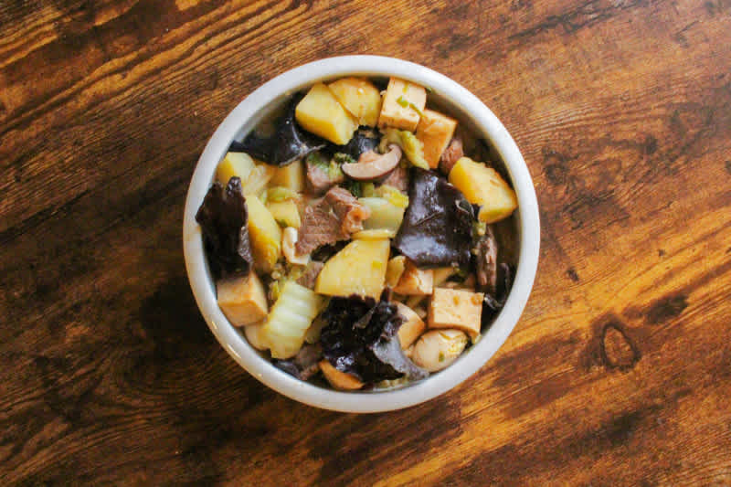 Shiitake mushroom, quail egg, and napa cabbage stew