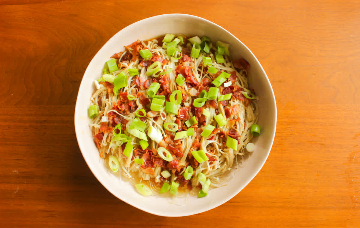 Enoki mushrooms, bacon, and vermicelli