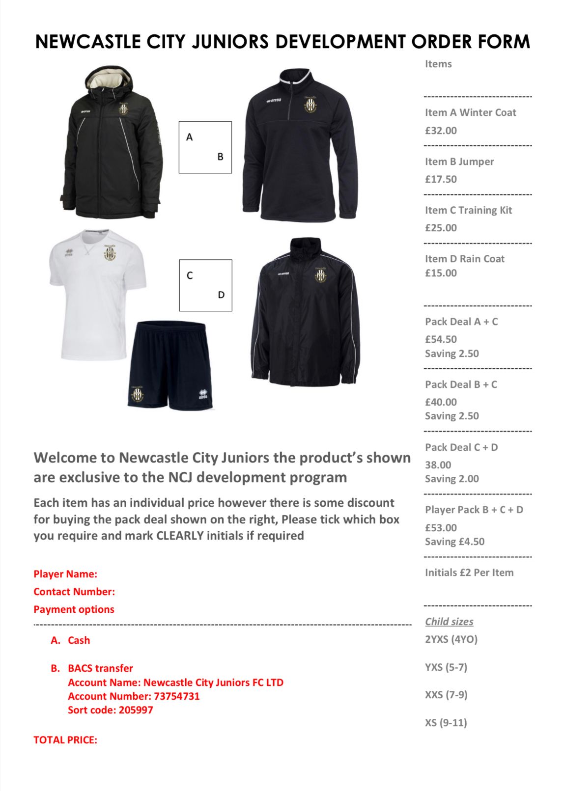 Order form for Newcastle City Juniors Football Development sportswear