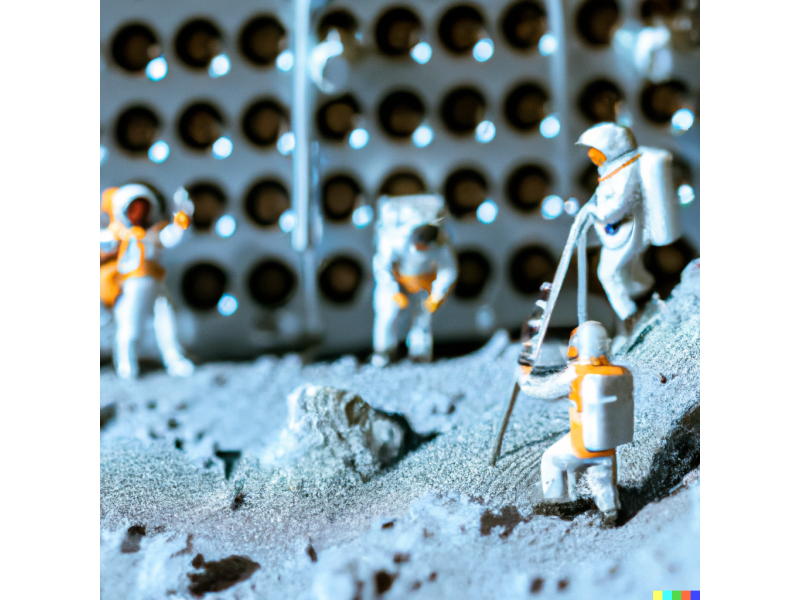 A 35mm macro photo of astronauts doing research on the moon