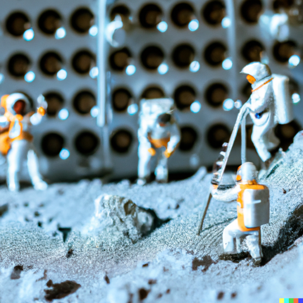 A 35mm macro photo of astronauts doing research on the moon