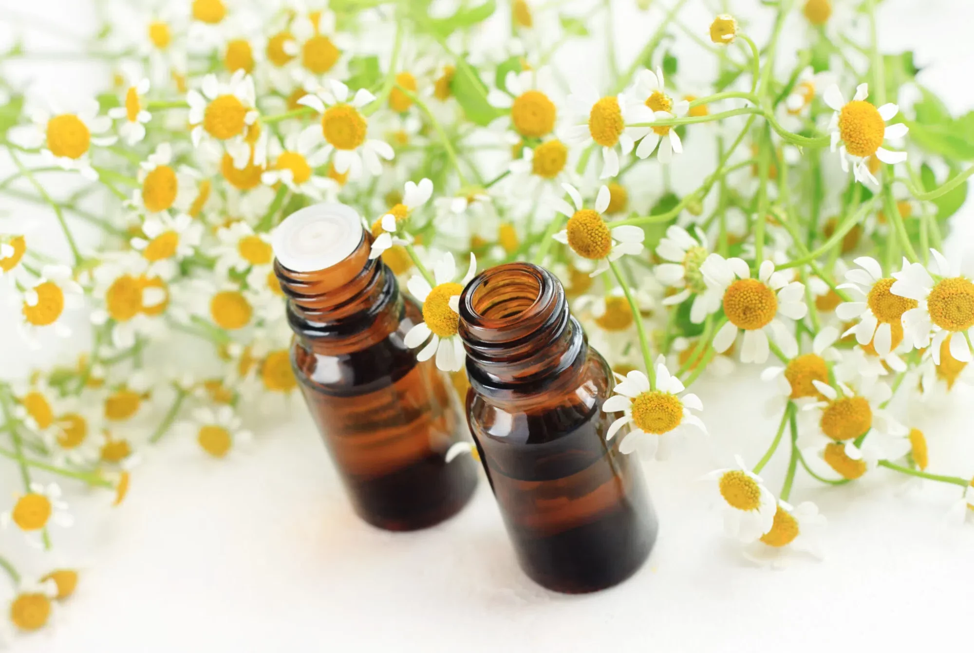 Essential-oil-of-chamomile.-Dropper-bottles-with-holistic-flower